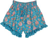Boho Blue Floral Shorts Smocked Waist and Tassels