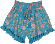 Fun Blue Floral Shorts Smocked Waist and Tassel Bottom