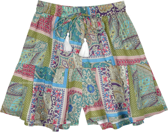 Abstract Floral Forest Green Cotton Voile Skorts