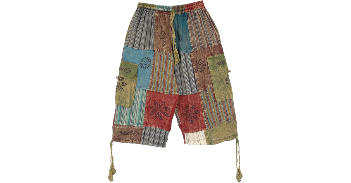 Mixed Patchwork Bohemian Cotton Bermuda Shorts with Pockets
