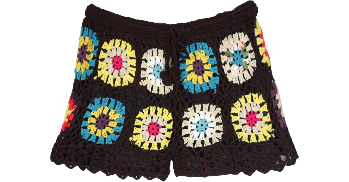 Black Bohemian Crochet Shorts with Multicolored Flowers | Shorts ...