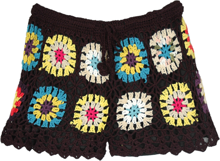 Black Bohemian Crochet Shorts with Multicolored Flowers