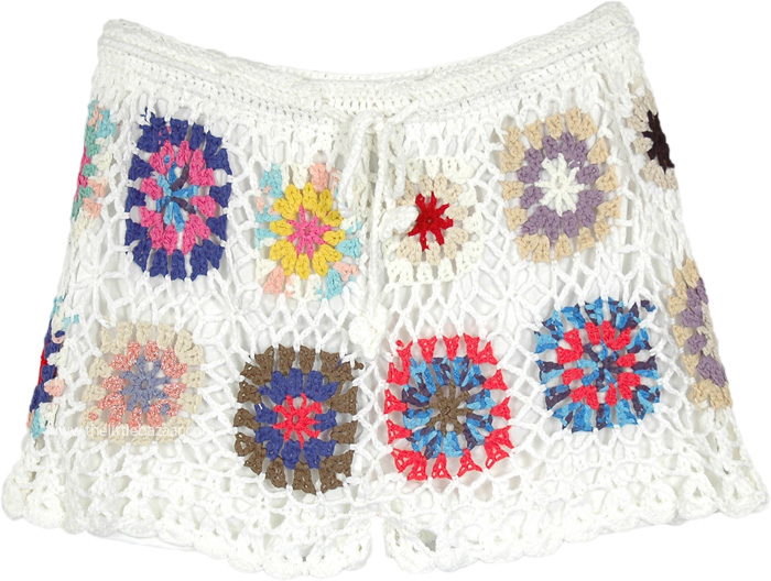 Snowy White All Crochet Shorts with Multicolored Floral Design