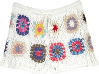 White Crochet Shorts with Multicolored Flowers [8717]