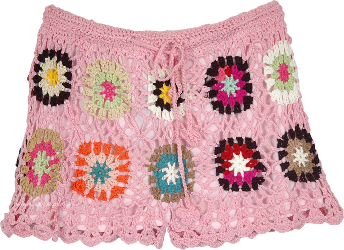 Pink Blossoms Crochet Shorts with Multicolored Flowers | Shorts | Pink ...