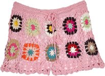 Pink Blossoms Crochet Shorts with Multicolored Flowers