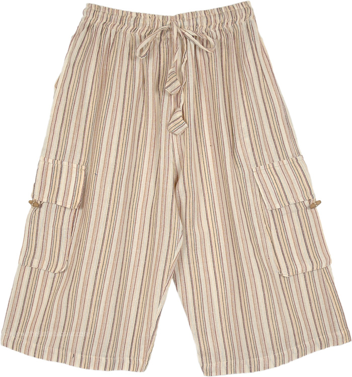 Bamboo Beige Striped Bermuda Cargo Cotton Shorts