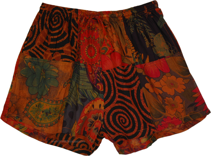 Red Dragon Patchwork Cotton Shorts with Drawstring