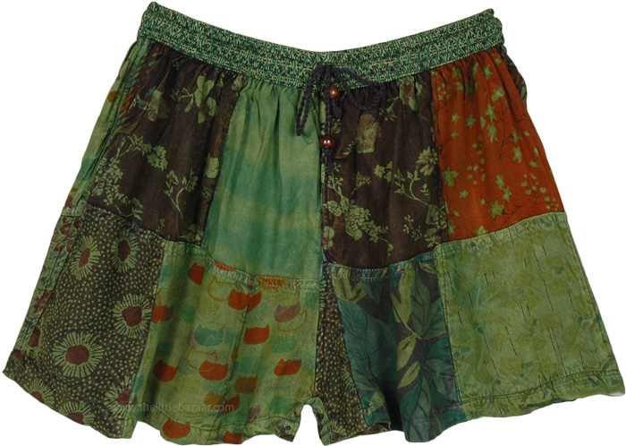 Green Fields Patchwork Girls Shortie Shorts