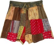 Brown Multi Patchwork Shorts with Elastic Waist and Drawstring [9786]