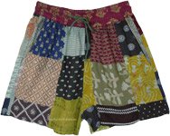 Green Multi Patchwork Shorts with Elastic Waist and Drawstring [9787]