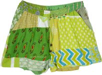 Green Multi Patchwork Shorts with Elastic Waist and Drawstring [9833]