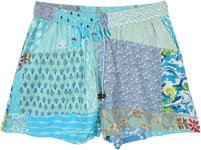 Blue Multi Patchwork Shorts with Elastic Waist and Drawstring [9834]