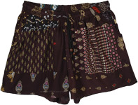 Black Multi Patchwork Shorts with Elastic Waist and Drawstring [9836]