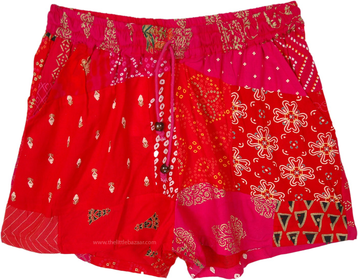 Passion Red Patchwork Festival Shorts For Girls