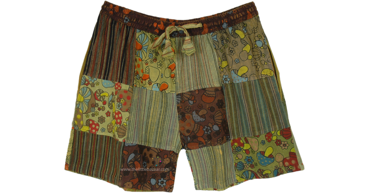 🌈 Men's Green Patchwork Hippie Shorts - Cotton, Drawstring, Bohemian Summer Style - S-XXL (Handmade From Nepal)