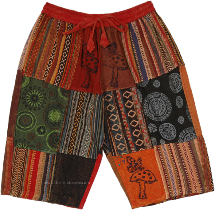 Unisex Orange Hippie Cotton Patchwork Half Pants