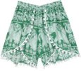 Bohemian Elephant Print Green Shorts with Pompoms