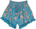 Boho Blue Floral Shorts Smocked Waist and Tassels