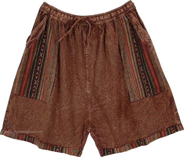 Rustic Brown Tribal Trim Long Shorts with Pocket