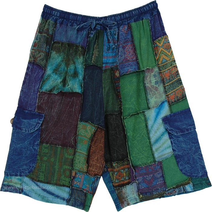 Blue Green Patchwork Cargo Festival Shorts