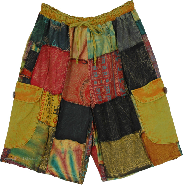 Golden Sunset Patchwork Festival Cargo Shorts