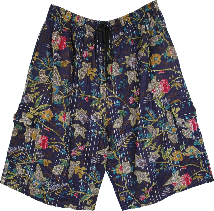 Navy Garden Handicraft Kantha Boho Bermudas