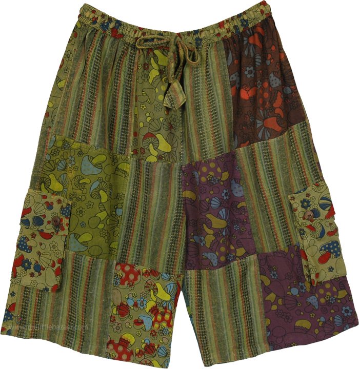 Mushroom Forest Multi Pocket Cotton Patch Shorts