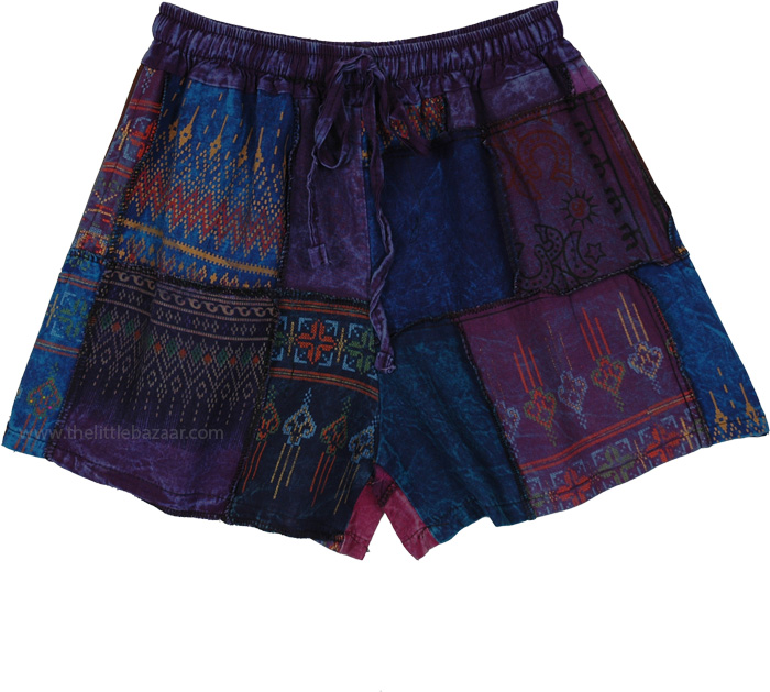 Plum Drift Block Print Boho Patchwork Shorts