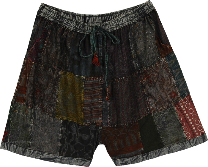 Midnight Char Patchwork Cotton Mid Length Shorts