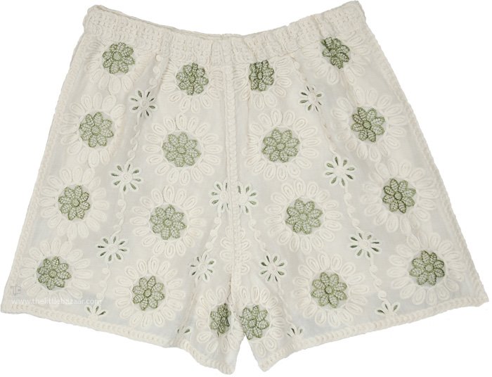 Cream Fern Floral Embroidered Crochet Shorts