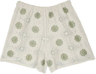 Cream Fern Floral Embroidered Crochet Shorts