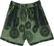 Lichen Green Mandala Cotton Boho Shorts