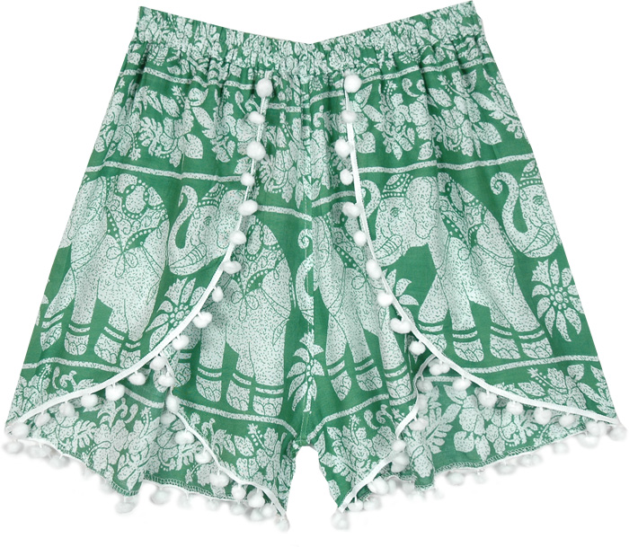 Bohemian Elephant Print Green Shorts with Pompoms