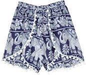 Navy White Elephant Print Hippie Shorts with Pompoms