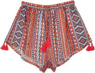 Crimson Tribal Geometrical Print Tassel Pull On Shorts