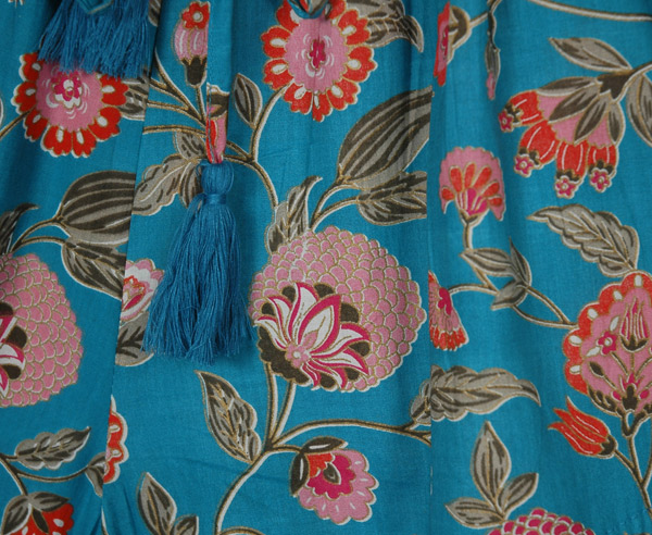 Boho Blue Floral Shorts Smocked Waist and Tassels