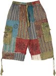 Mixed Patchwork Bohemian Cotton Bermuda Shorts with Pockets