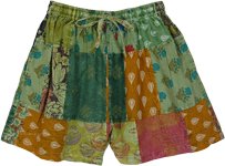 Savanna Green Mixed Prints Patchwork Cotton Shorts