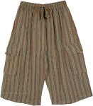 Dark Green Striped Bermuda Cargo Cotton Shorts