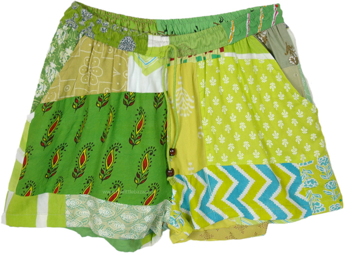 Parrot Green Handmade Patchwork Shorts