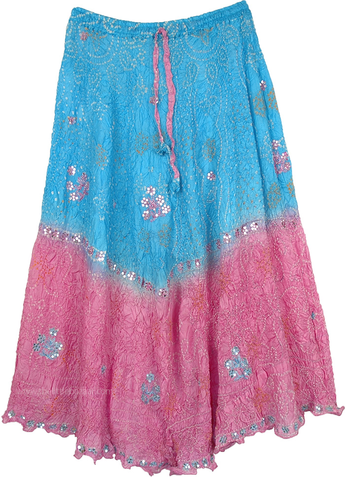 Blue and Pink Crushed Silk Skirt with Tie Dye And Sequins