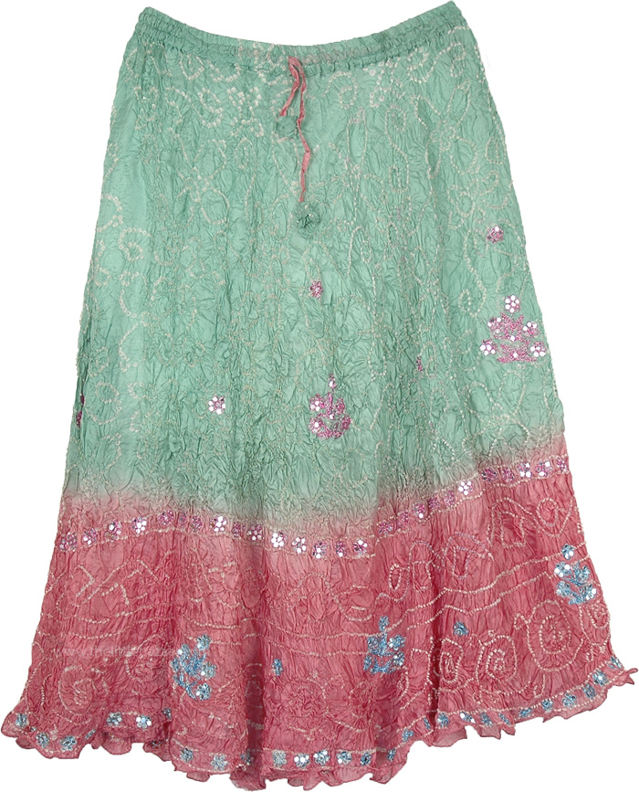 Ethnic Bandhini Tie Dye Silk Skirt with Sequin Work in Pastel Green and Pink, Tie Dye Crushed Silk Skirt in Aqua Green and Pink with Sequins
