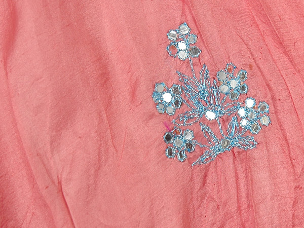 Pink and Pastel Green Sequined Long Pure Silk Skirt