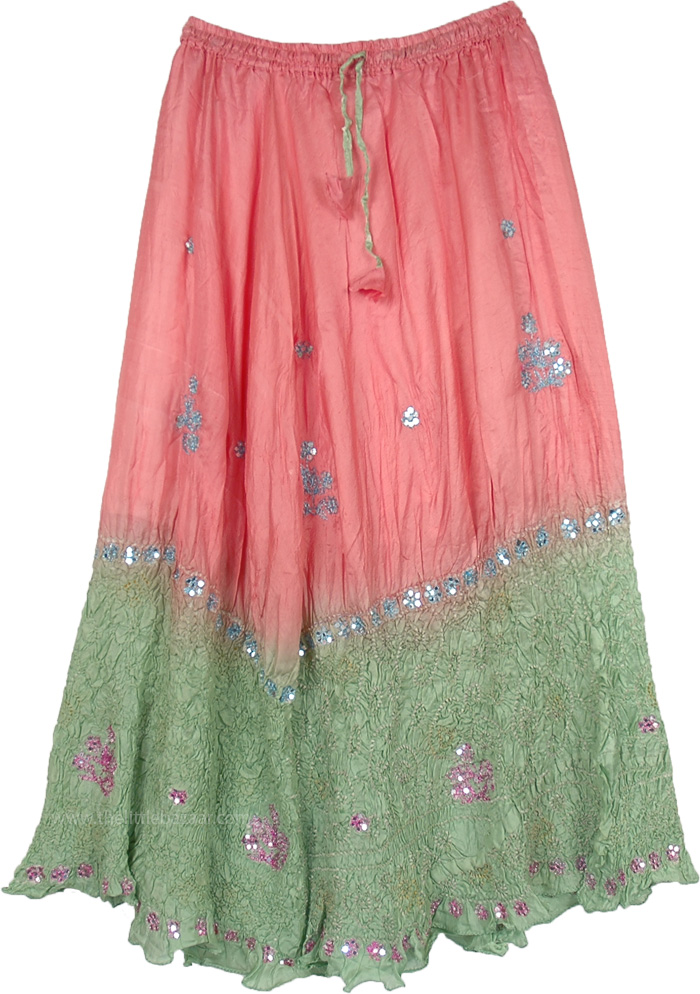 Shaded Tie Dye Pink and Green Silk Skirt with Sequin Work, Pink and Pastel Green Sequined Long Pure Silk Skirt