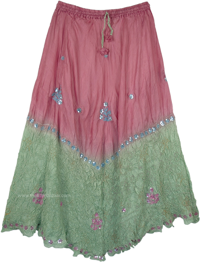 Shaded Tie Dye Pose and Green Silk Skirt with Sequin Work, Rose and Pastel Green Sequined Pure Crushed Silk Skirt