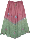 Rose and Pastel Green Sequined Pure Crushed Silk Skirt