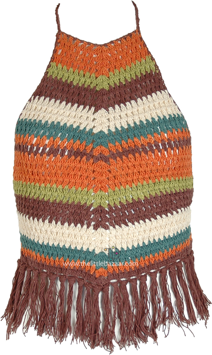 Casual Summer Hand Made Cotton Bohemian Tie Up Top, Warm Stripes Boho Crochet Fringe Halter