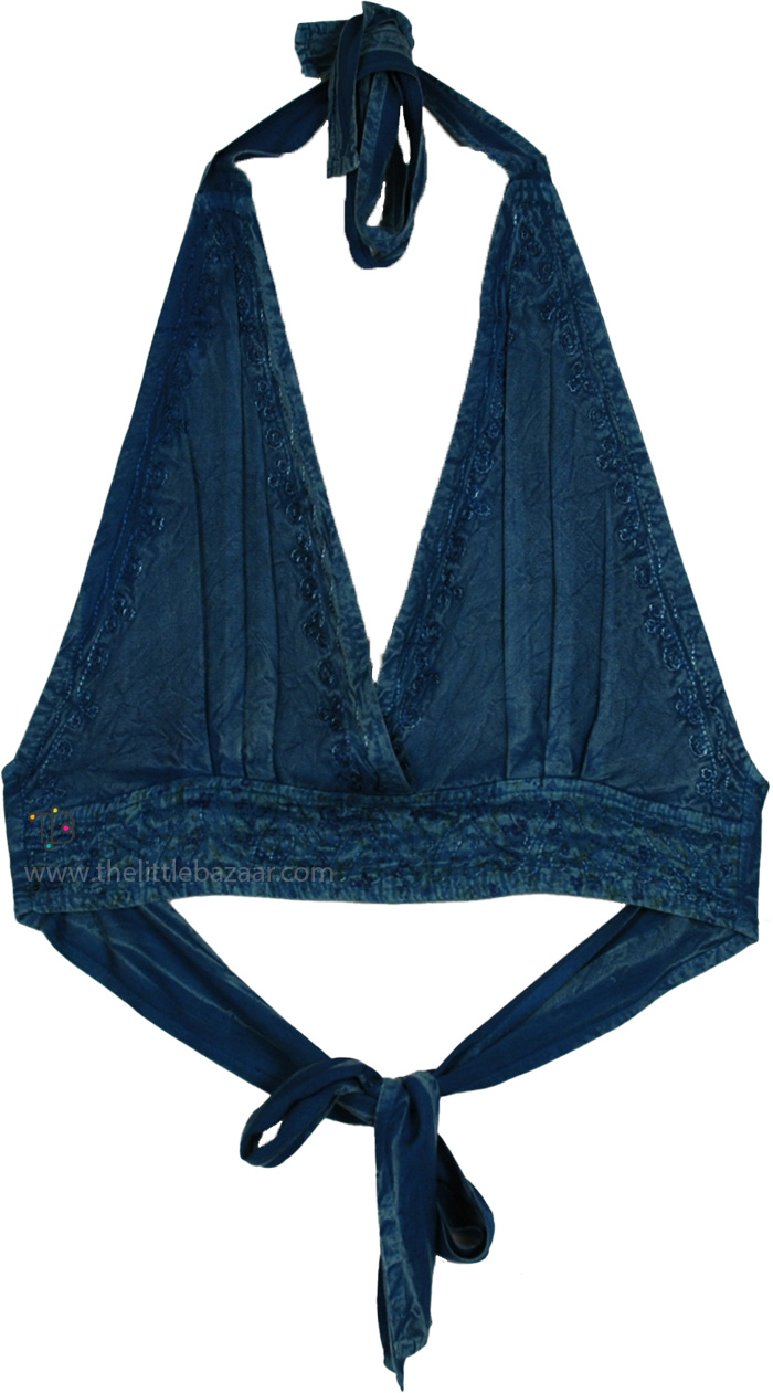 Sapphire Waters Embroidered Halter Bralette Top