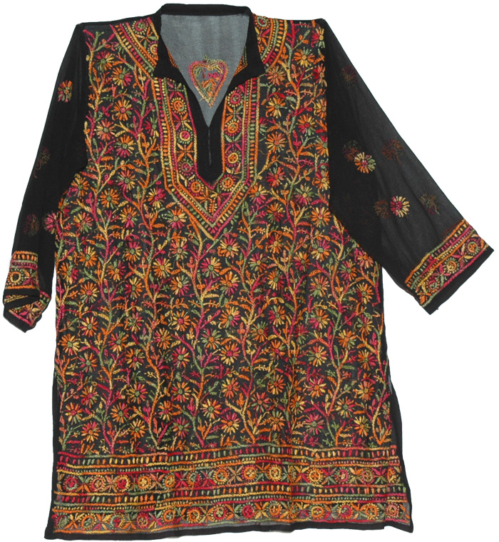 White Chikan Embroidered Black Tunic